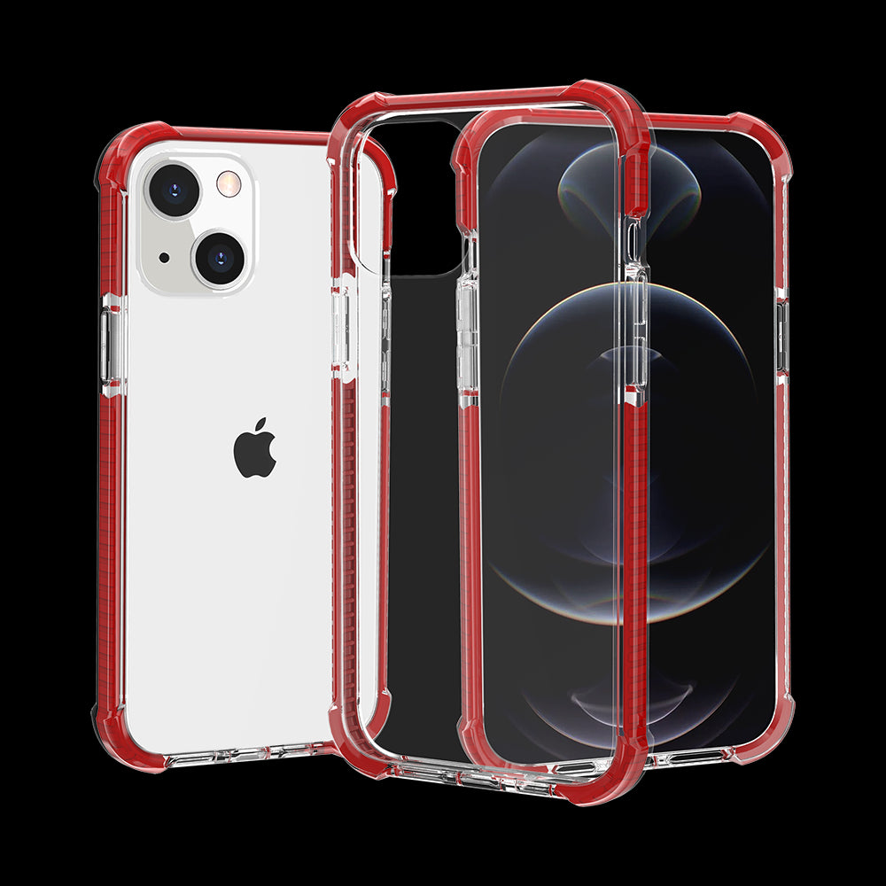 For Apple iPhone 14 Pro (6.1") Hybrid Transparent Acrylic Rubber Gummy Gel Hard PC Silicone TPU Color Bumper Frame Clear / Red Phone Case Cover