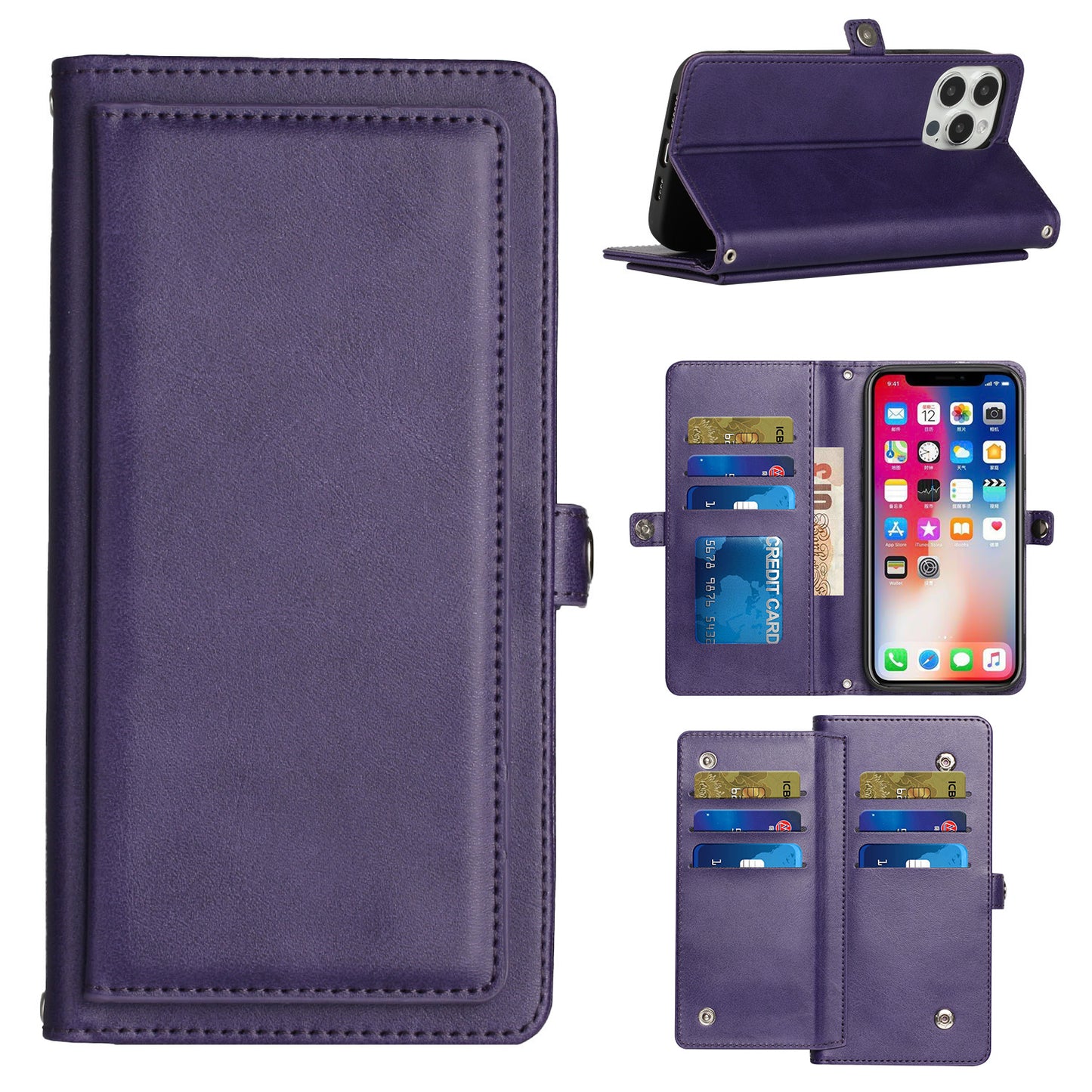 For Apple iPhone 14 Pro (6.1") Luxury 9 ID Cash Credit Card Slots Holder Carrying Pouch Folio Flip PU Leather Lanyard Kickstand  Phone Case Cover