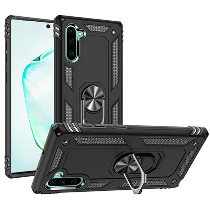For Samsung Galaxy Note 10 Military Grade Rugged Dual Layers 2in1 Hard PC + TPU Shockproof Hybrid with Ring Kickstand Black Phone Case Cover
