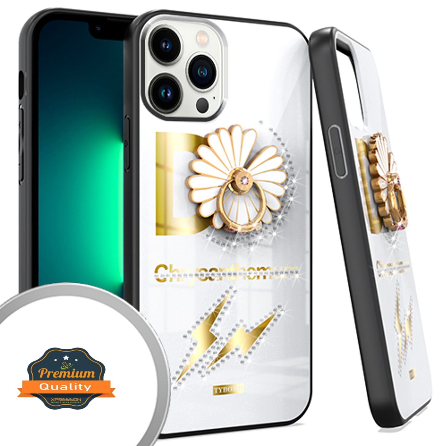 For Apple iPhone 13 / Pro Max Elegant Rhinestone 3D Diamond Bling Glitter with Ring Stand Kickstand Plating Hard Back Rugged  Phone Case Cover