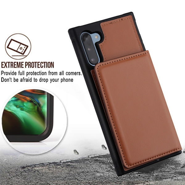 For Samsung Galaxy Note 10 (6.3) Credit Card Wallet Back Storage Invisible Pocket PU Leather Hard PC TPU Hybrid Brown Phone Case Cover