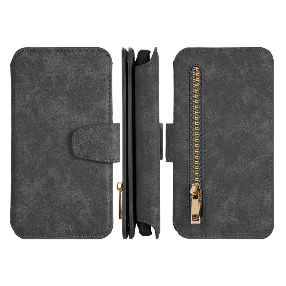 For Apple iPhone 13 /Pro Max Mini Wallet Case Magnetic Detachable Zipper Pocket PU Leather Flip Pouch with 7 Credit Card Slots Holder  Phone Case Cover