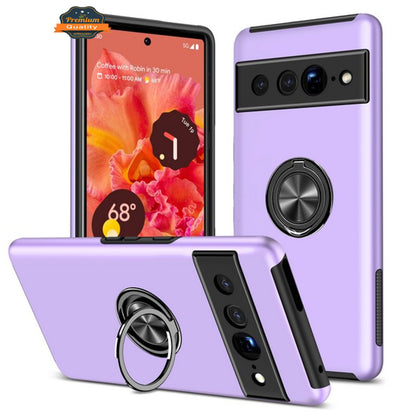 For Google Pixel 7 Pro Hybrid Military Grade with Flat Metal Ring Stand 360° Rotation Kickstand Hard PC Back + TPU Slim  Phone Case Cover