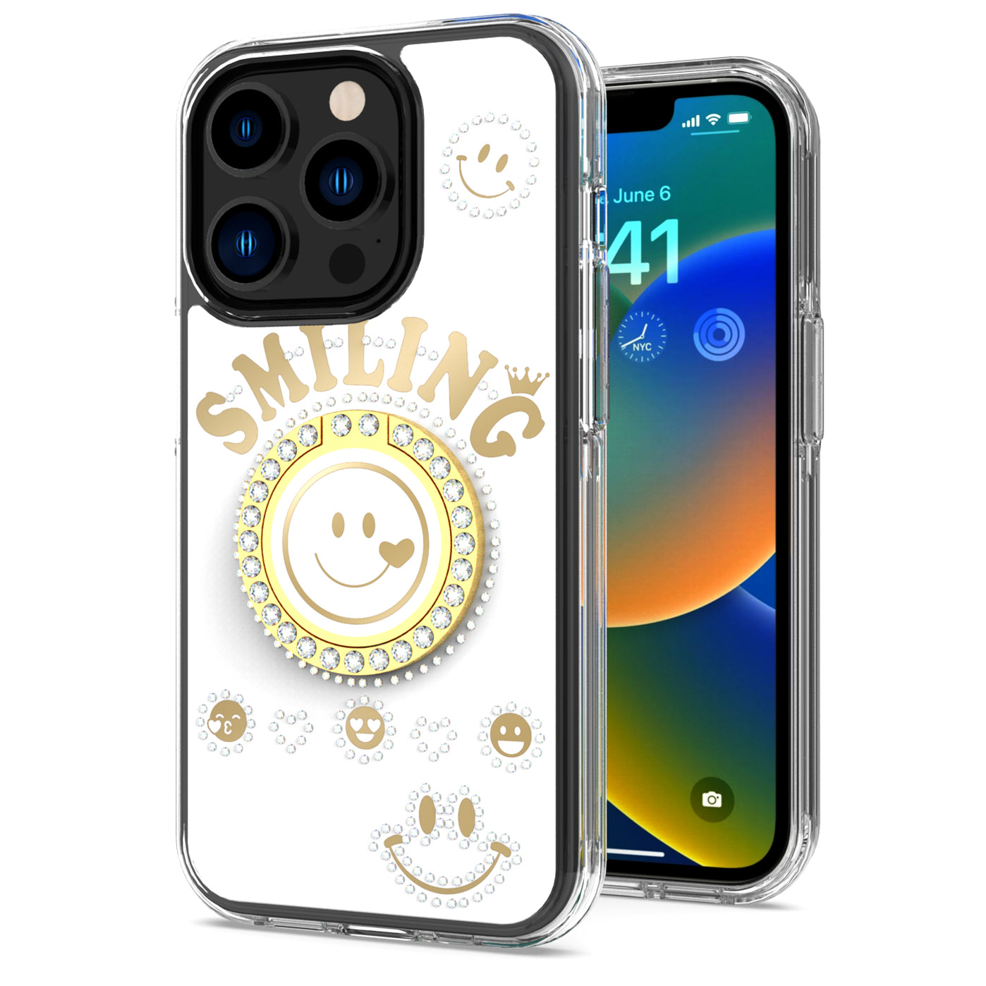 For Apple iPhone 12 Pro Max (6.7") Smiling Glitter Ornament Bling Sparkle with Ring Stand Hybrid TPU + Hard Back Shell  Phone Case Cover
