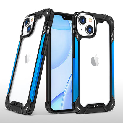 For Apple iPhone 14 (6.1") Metal Frame Transparent Hybrid Rubber TPU + Hard PC Color Bumper Frame Shockproof  Phone Case Cover