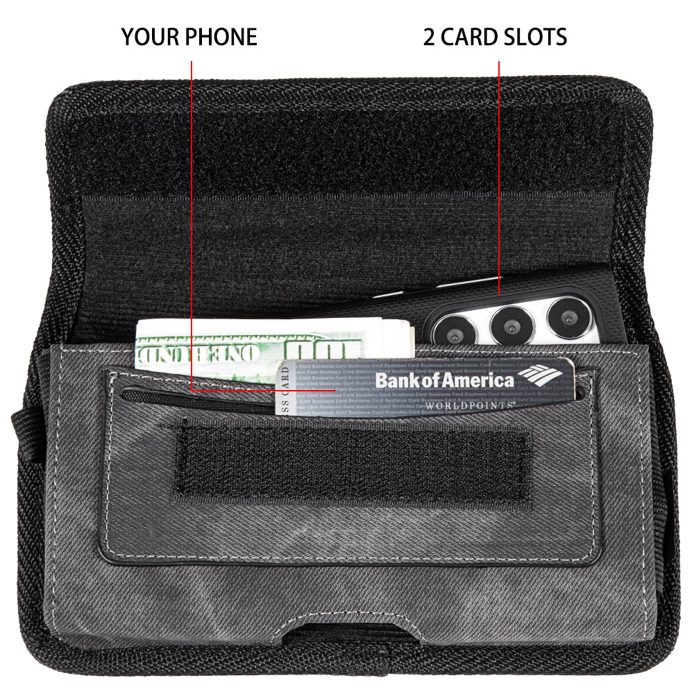 For Samsung Galaxy A02S Universal Horizontal Cell Phone Case Fabric Holster Carrying Pouch with Belt Clip and 2 Card Slots fit Large Devices 6.3" [Black Denim]