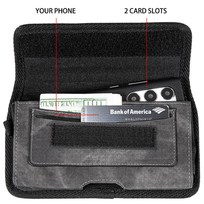 For Samsung Galaxy A02S Universal Horizontal Cell Phone Case Fabric Holster Carrying Pouch with Belt Clip and 2 Card Slots fit Large Devices 6.3" [Black Denim]