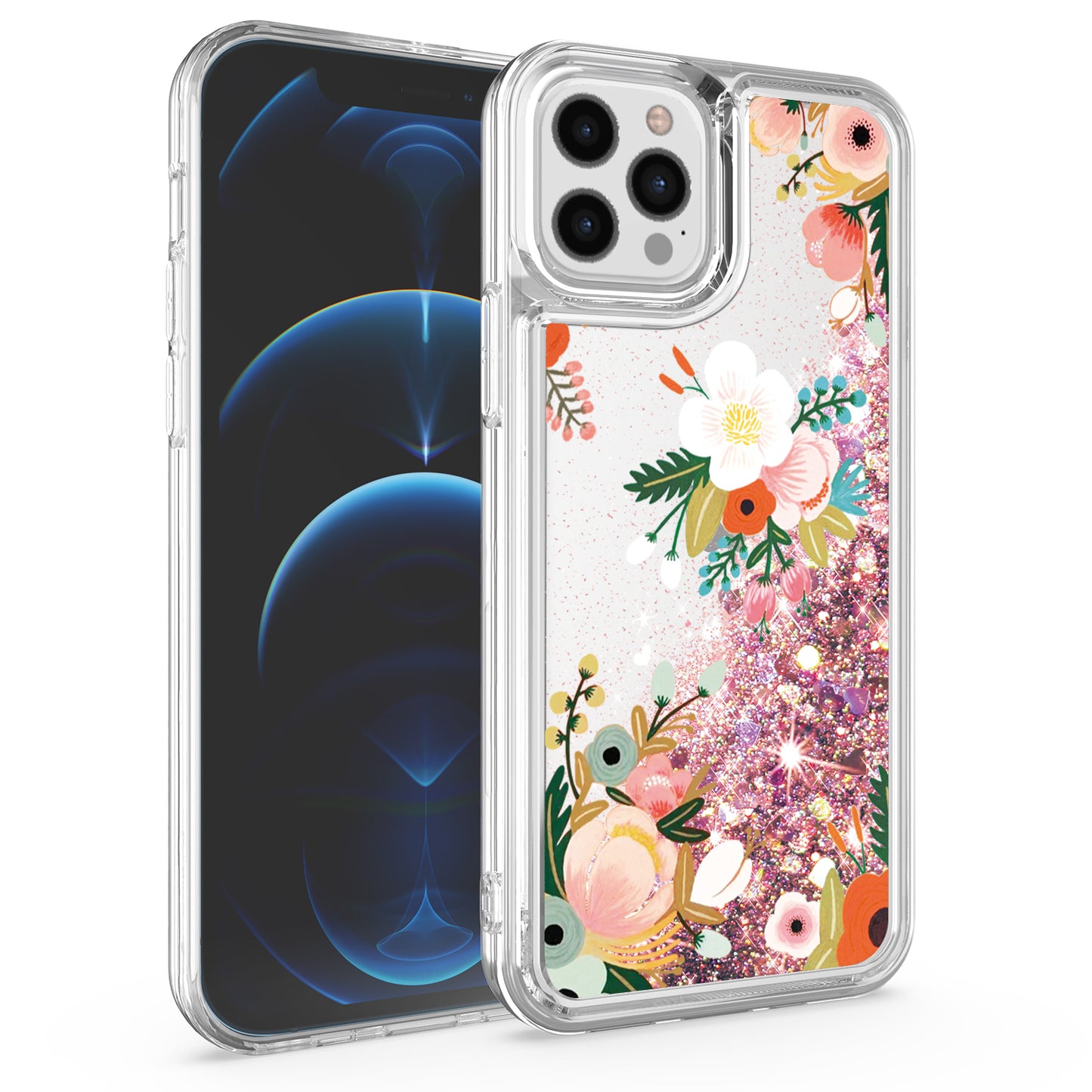 For Apple iPhone 14 Pro (6.1") Floral Design Quicksand Water Flowing Liquid Floating Sparkle Colorful Hybrid  Phone Case Cover