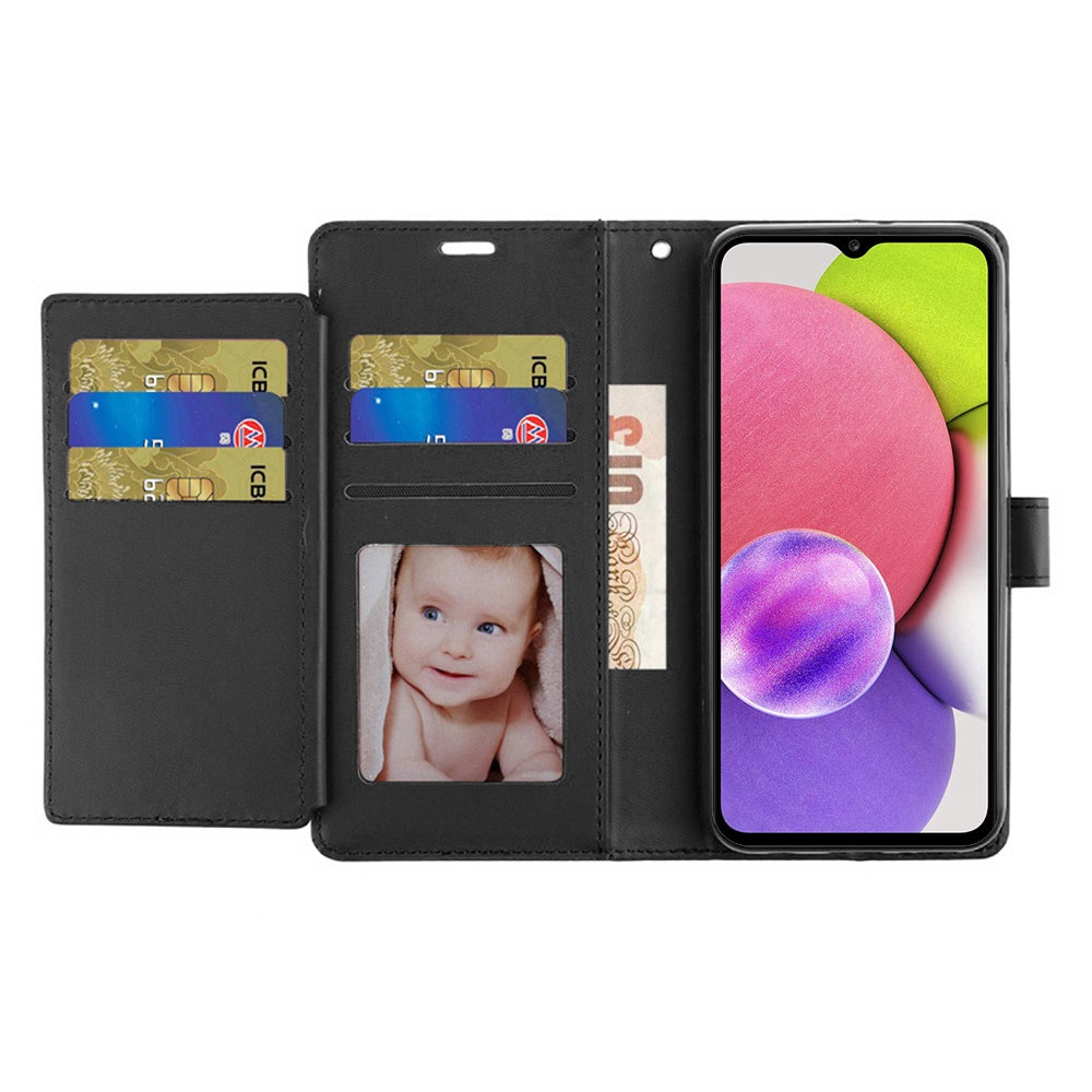 For Samsung Galaxy A03S Wallet Case PU Leather Credit Card ID Pocket Cash Holder Slot Dual Flip Pouch Folio Stand, Strap Black Phone Case Cover