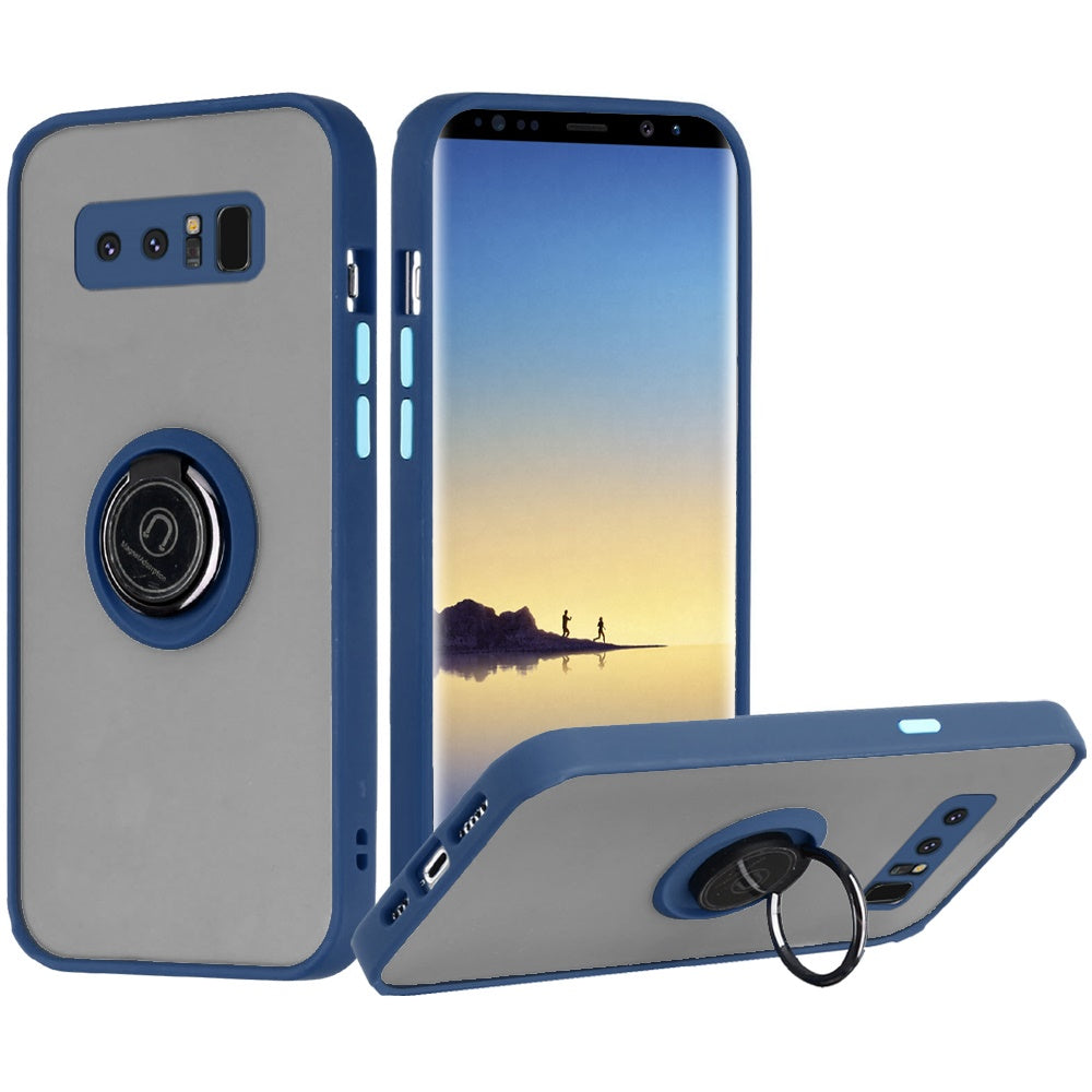 For Samsung Galaxy Note 8 Hybrid Protective PC TPU Shockproof with 360° Rotation Ring Magnetic Stand & Covered Camera Blue Phone Case Cover