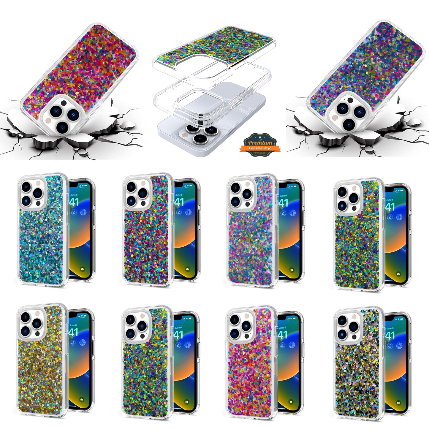 For Apple iPhone 14 Pro Max (6.7") Colorful Glitter Bling Sparkle Epoxy Glittering Shining Hybrid Hard Shockproof  Phone Case Cover