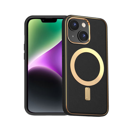 For Apple iPhone 14 /Plus Pro Max PU Leather MagSafe Compatible with Gold Trim & Raised Camera Protection Hybrid  Phone Case Cover