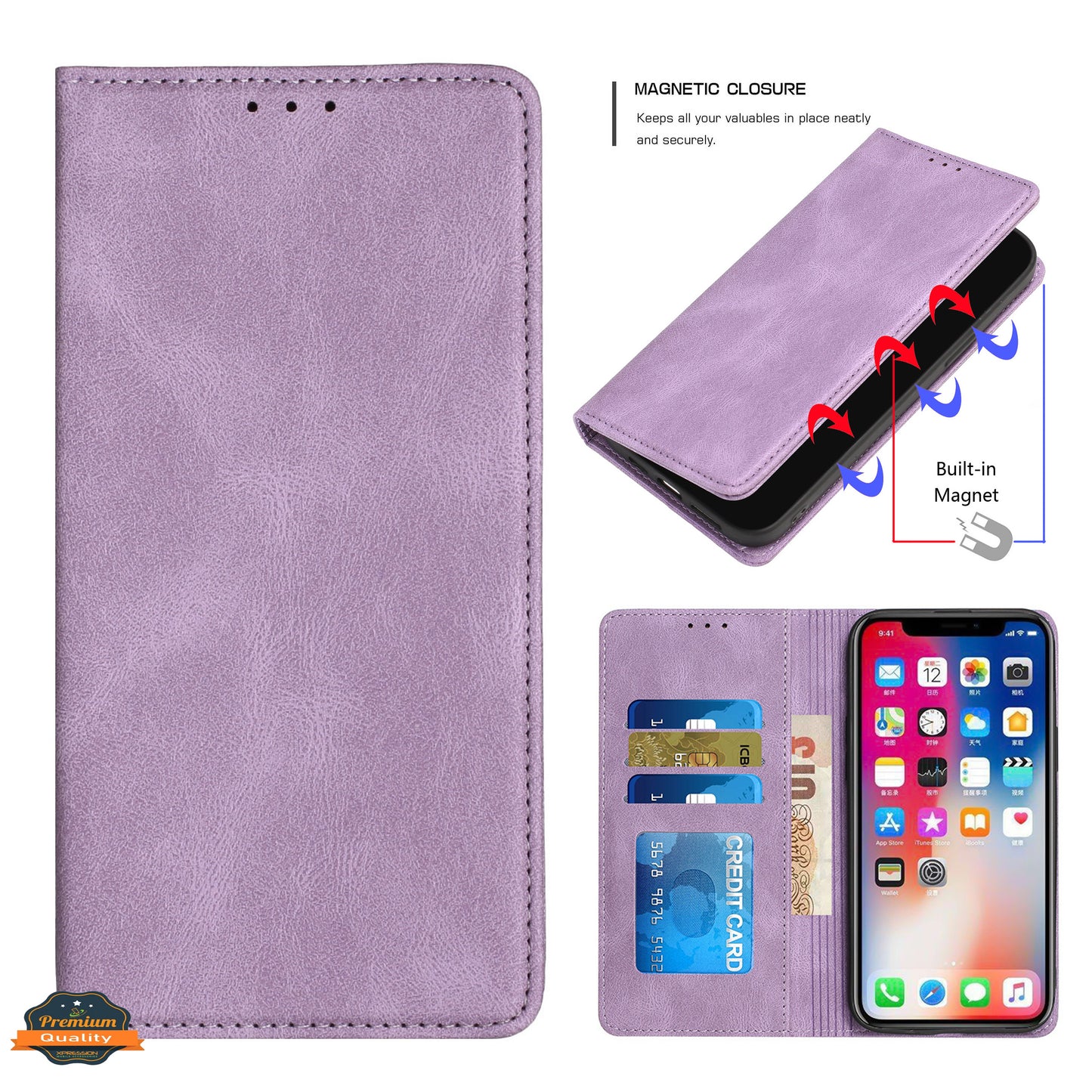For Apple iPhone 14 Pro Max (6.7") Wallet PU Vegan Leather ID Credit Card Money Holder with Magnetic Closure Pouch Flip  Phone Case Cover