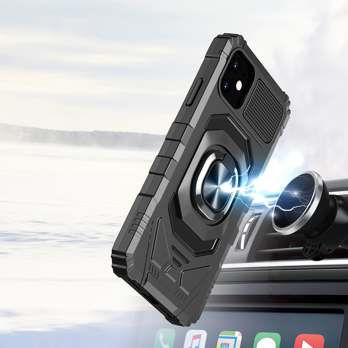 For Apple iPhone 11 (6.1") Hybrid 2in1 Dual Layer with Rotate Magnetic Ring Stand Holder Kickstand, Rugged Shockproof  Phone Case Cover