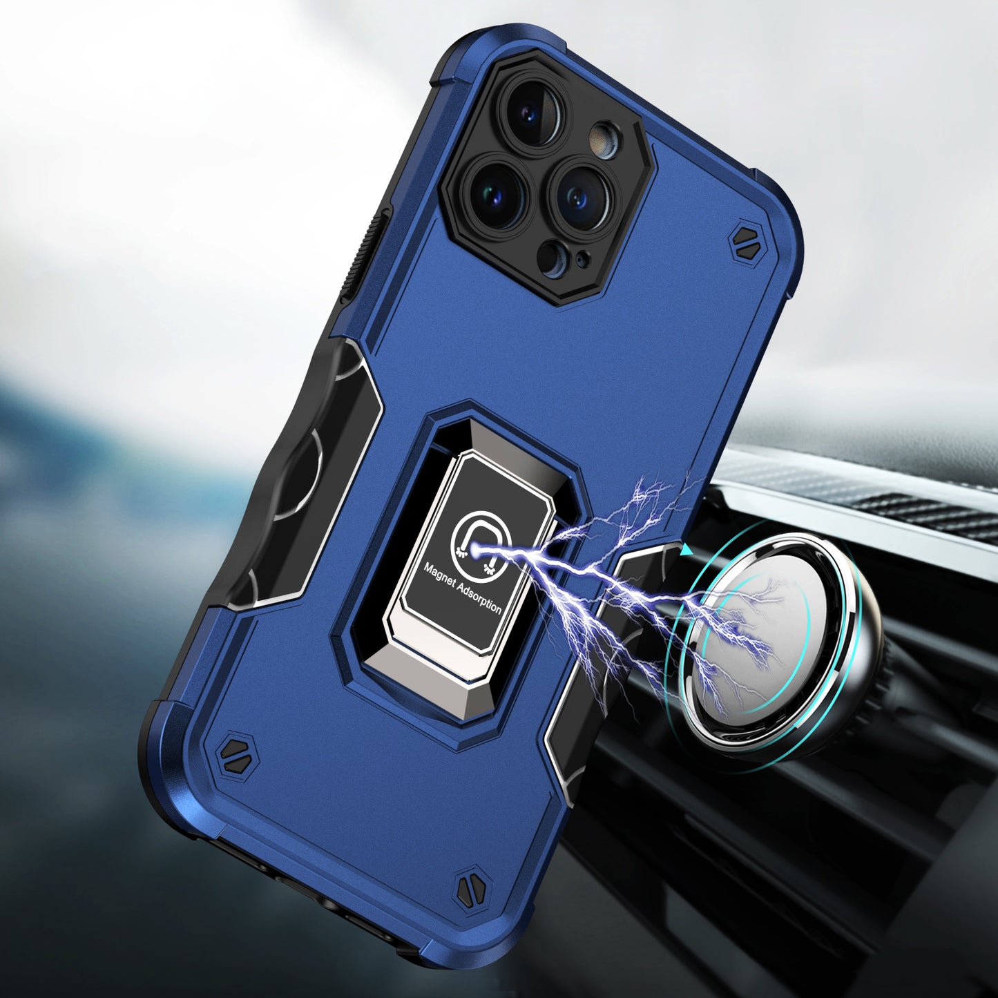 For Apple iPhone 14 Pro (6.1") Hybrid Cases with Magnetic Ring Holder Stand Kickstand Heavy Duty Rugged Shockproof Blue Phone Case Cover
