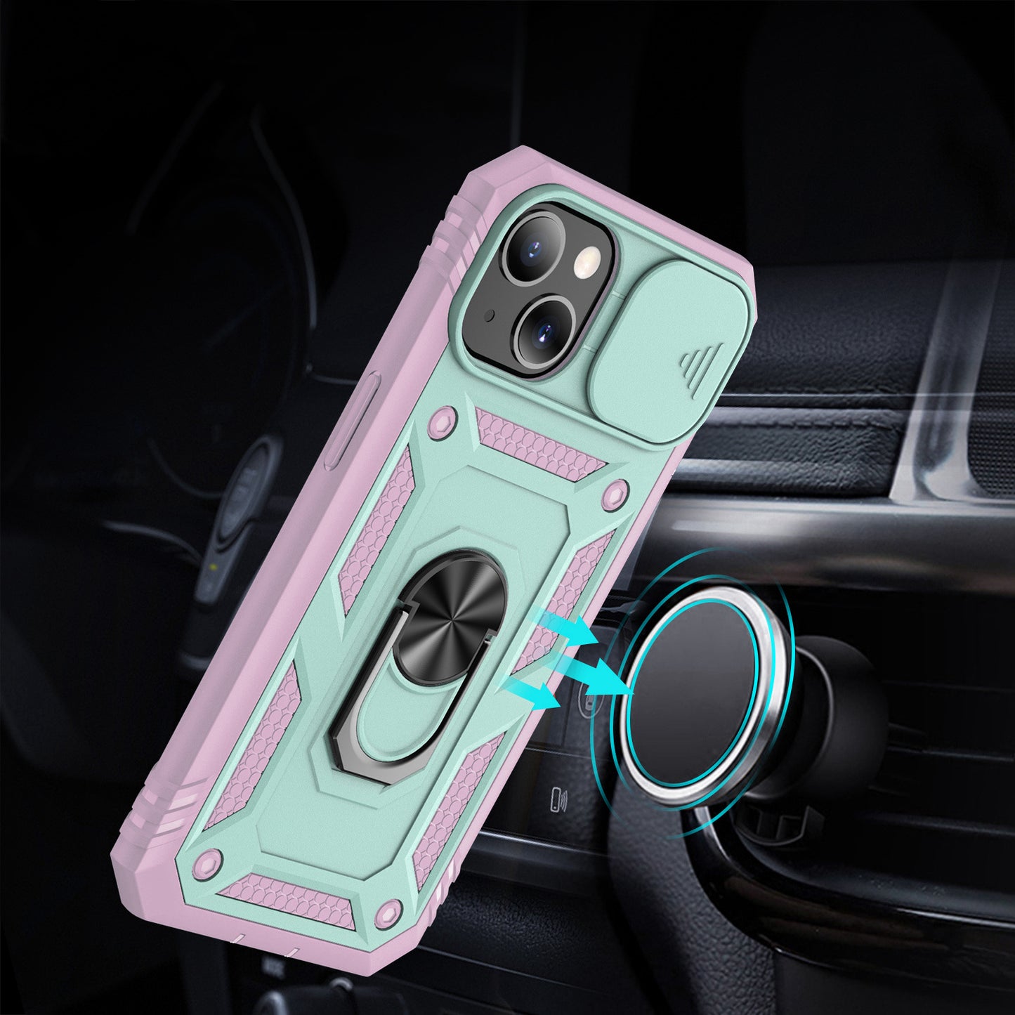 For Apple iPhone 14 Plus (6.7") Hybrid Built-in 360° Rotate Magnetic Ring Stand with Camera Protection Heavy Duty Teal Pink Phone Case Cover