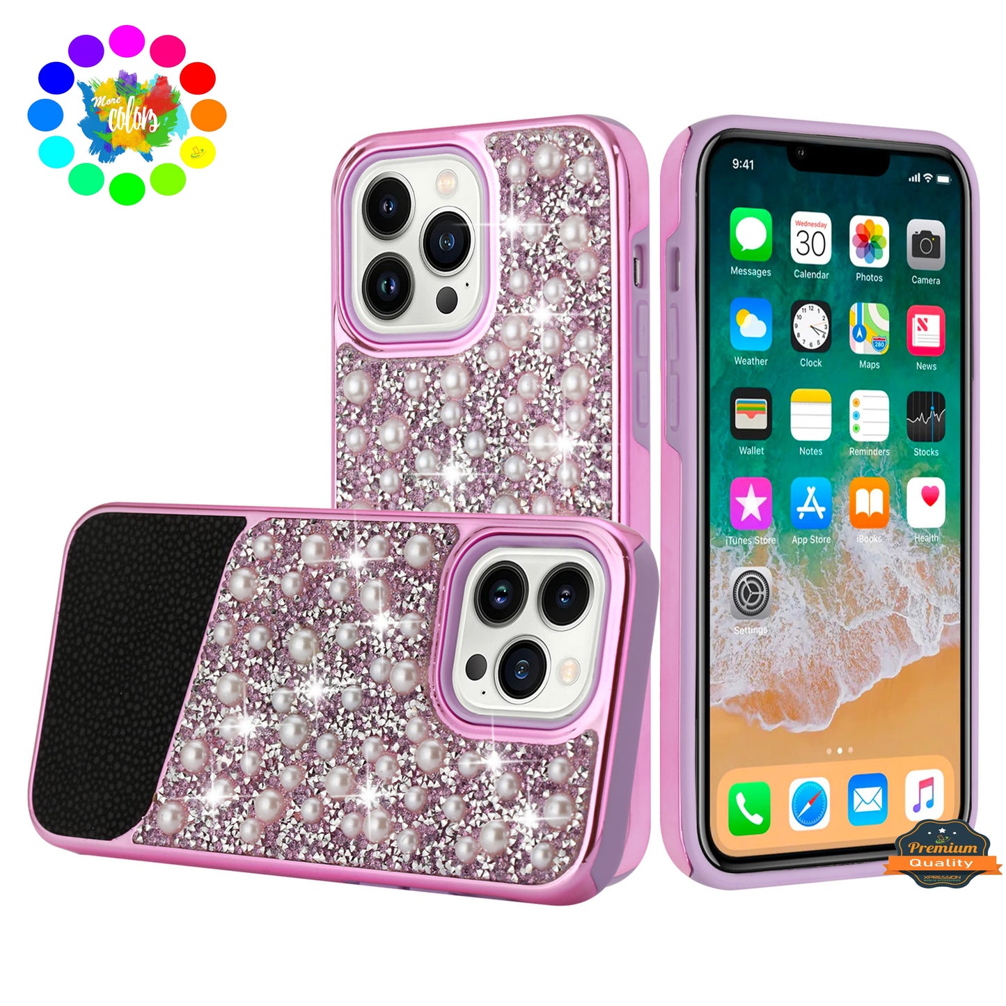For Apple iPhone 14 Pro Max (6.7") Bling Pearl Diamonds Design Glitter Hybrid Thick Hard TPU Shiny Protective Frame  Phone Case Cover