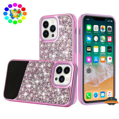 For Apple iPhone 14 Pro (6.1") Bling Pearl Diamonds Design Glitter Hybrid Thick Hard TPU Shiny Protective Rubber Frame  Phone Case Cover