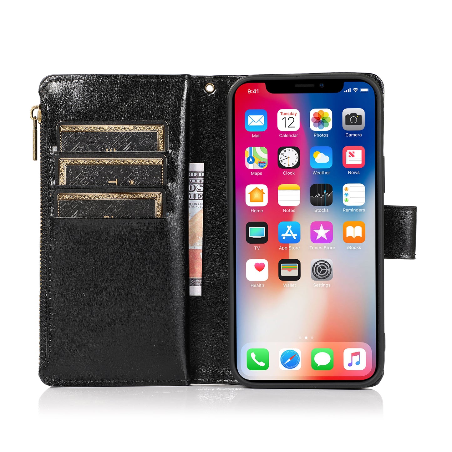 For Apple iPhone 8 Plus/7 Plus/6 6S Plus Leather Zipper Wallet Case 9 Card Slots Cash Pocket Clutch Pouch with Stand & Strap  Phone Case Cover