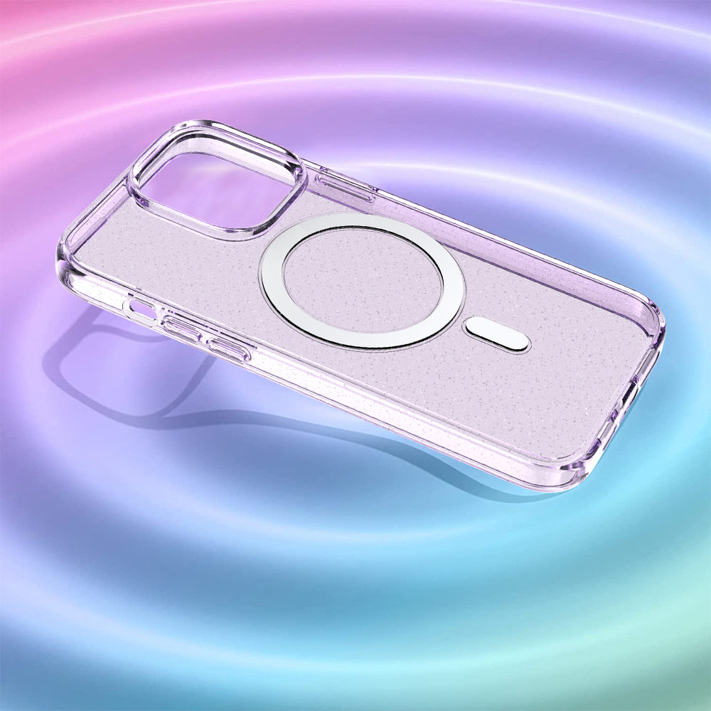 For Apple iPhone 14 Plus (6.7") Transparent Glitter Bling Sparkly Hybrid Hard PC TPU Grip Shockproof Compatible with MagSafe Purple Phone Case Cover