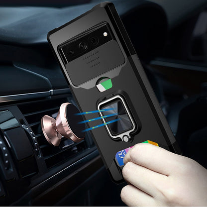 For Google Pixel 7/ 7 Pro Wallet Case with Ring Stand & Slide Camera Cover Credit Card Slot Holder, Military Grade Hard  Phone Case Cover