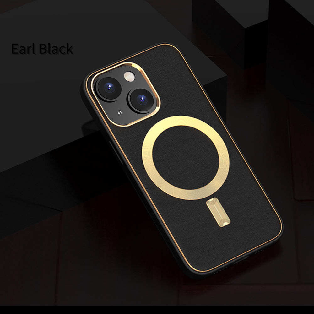 For Apple iPhone 14 /Plus Pro Max PU Leather MagSafe Compatible with Gold Trim & Raised Camera Protection Hybrid  Phone Case Cover