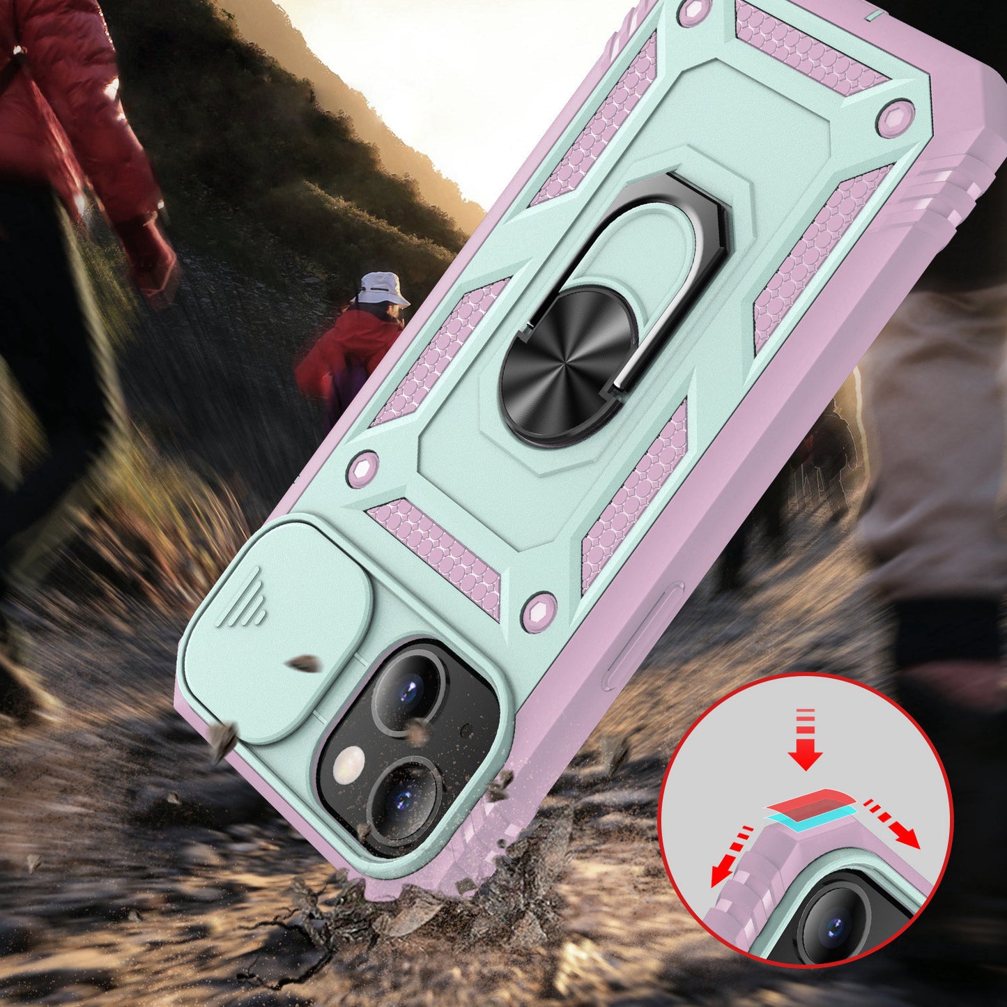 For Apple iPhone 14 Plus (6.7") Hybrid Built-in 360° Rotate Magnetic Ring Stand with Camera Protection Heavy Duty Teal Pink Phone Case Cover