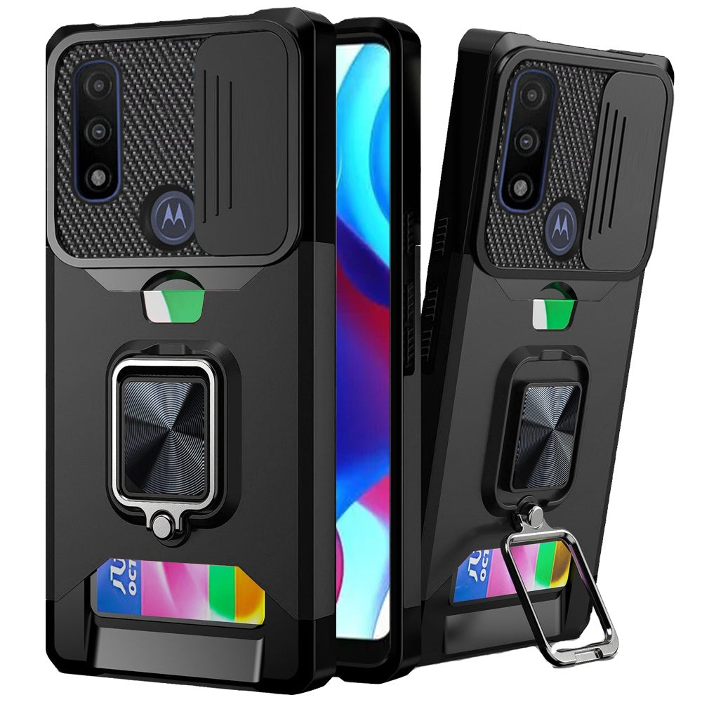 For Motorola Moto G Power 2022 Wallet Case with Ring Stand & Slide Camera Cover Credit Card Holder TPU Hard Shockproof  Phone Case Cover