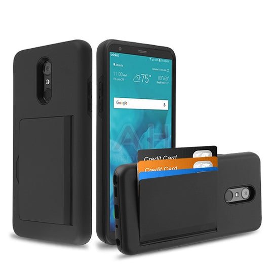For LG Stylo 4 / Stylo 4 Plus Credit Card Wallet Back Storage Invisible Pocket Dual Layer Hard PC TPU Hybrid Protective Black Phone Case Cover