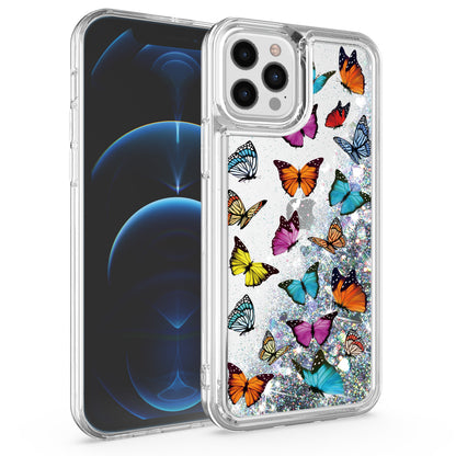 For Apple iPhone 14 Pro Max (6.7") Floral Design Quicksand Water Flowing Liquid Floating Sparkle Colorful Hybrid  Phone Case Cover