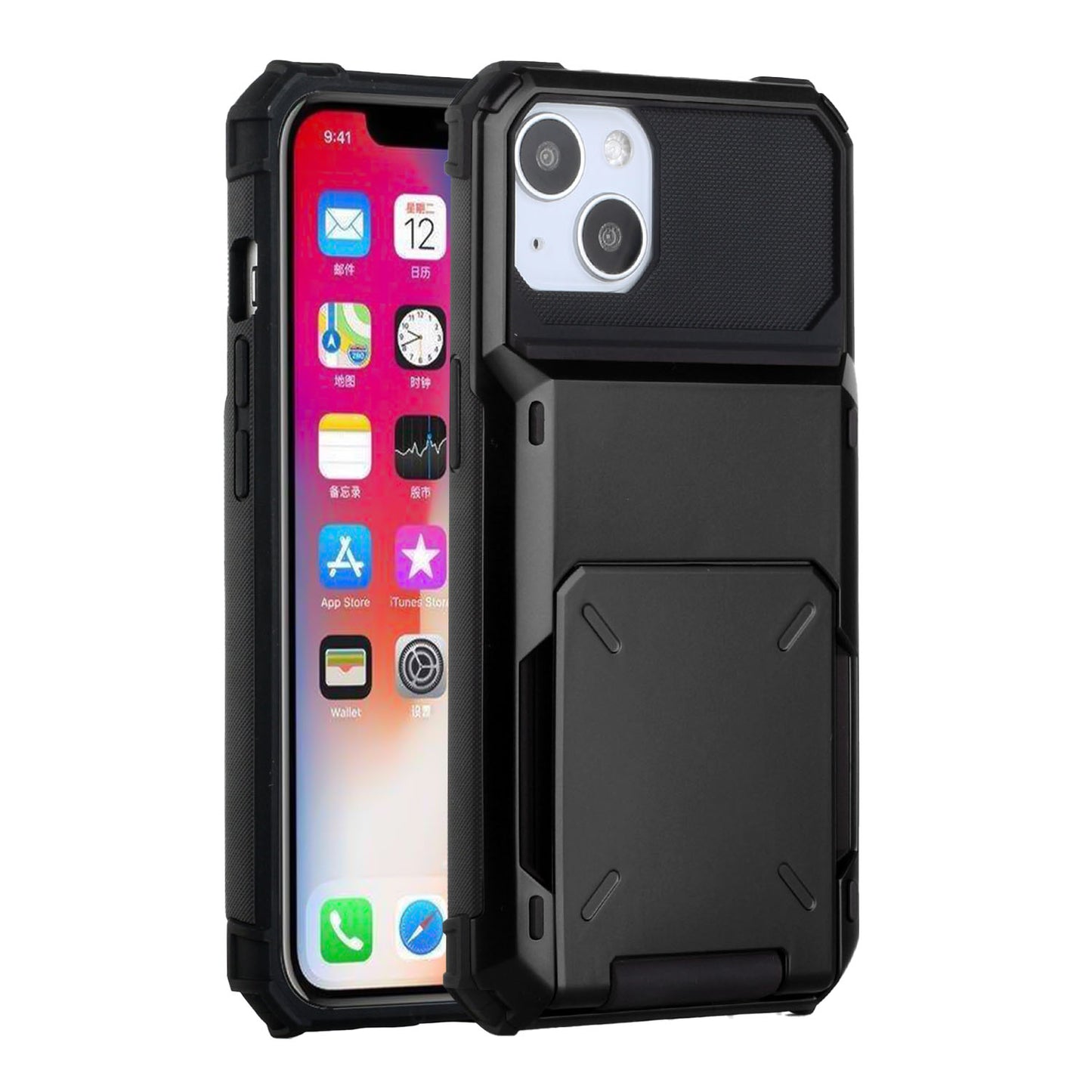 For Apple iPhone 14 Pro (6.1") Multiple Wallet Hidden Credit Card Holder (Upto 5 Cards) Shockproof Hybrid Armor Durable Black Phone Case Cover