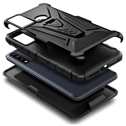 For TCL 20 XE Hybrid Belt Clip Holster with Built-in Kickstand, Heavy Duty Protective Shock Absorption Armor Defender Rugged Black Phone Case Cover