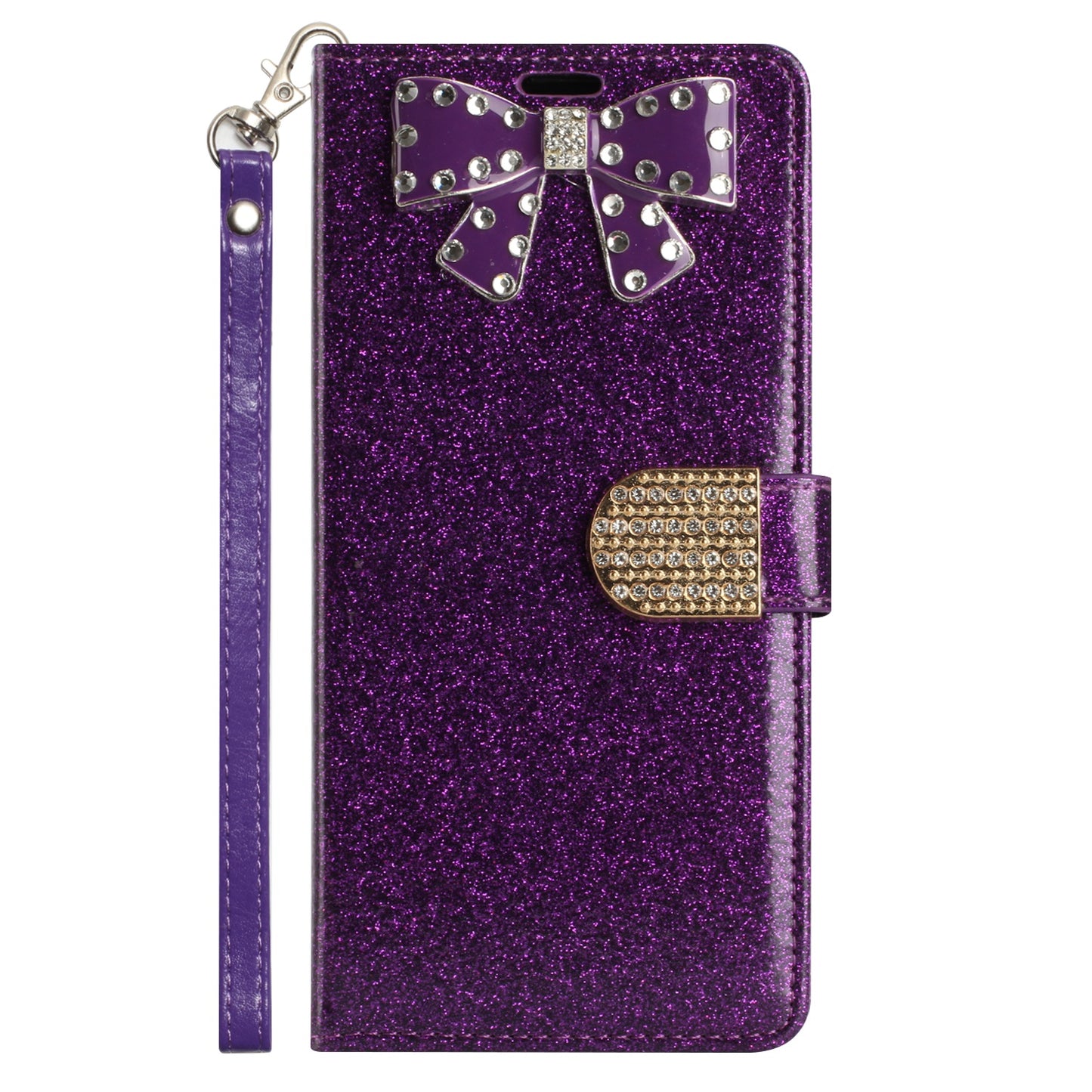 For Apple iPhone 14 Pro Max (6.7") Wallet Bow Glitter Bling Ornament Shimmer with Credit Card Slot Pocket & Lanyard  Phone Case Cover