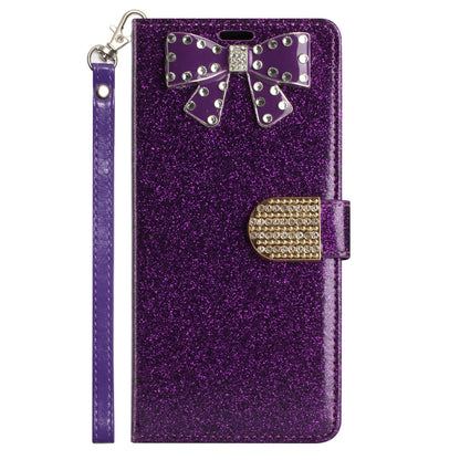 For Apple iPhone 14 Pro (6.1") Wallet Bow Glitter Bling Ornament Shimmer with Credit Card Slot Pocket & Lanyard Strap  Phone Case Cover
