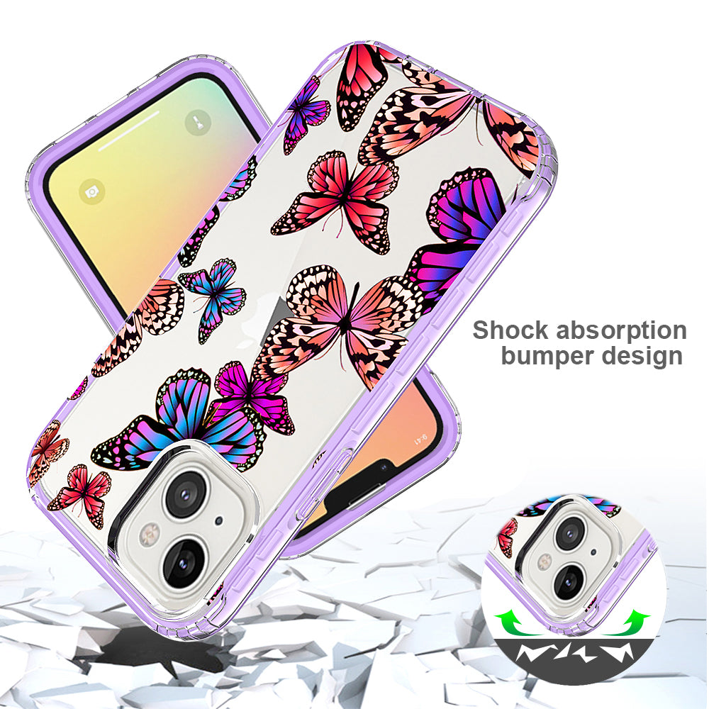 For Apple iPhone 14 Plus (6.7") Beautiful Design 3in1 Hybrid Triple Layer Armor Hard PC Plastic Rubber Frame Purple Butterfly Phone Case Cover