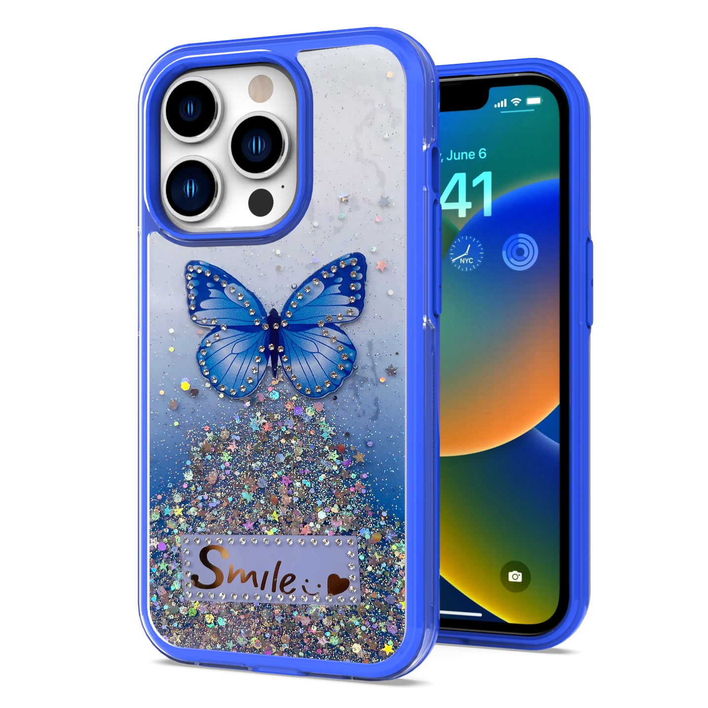 For Apple iPhone 14 /Plus Pro Max Butterfly Smile Glitter Bling Sparkle Epoxy Glittering Shining Hybrid Hard PC TPU Slim  Phone Case Cover