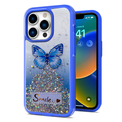 For Apple iPhone 14 /Plus Pro Max Butterfly Smile Glitter Bling Sparkle Epoxy Glittering Shining Hybrid Hard PC TPU Slim  Phone Case Cover