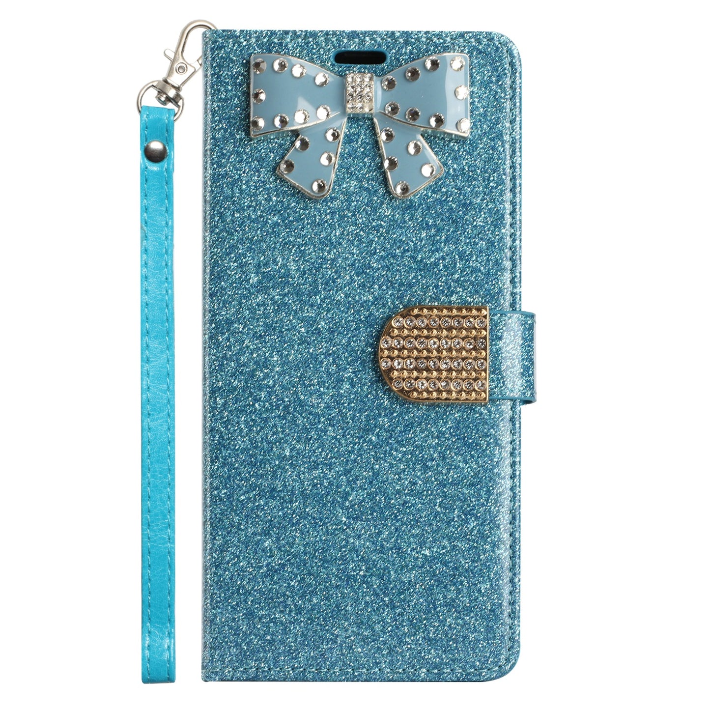 For Apple iPhone 14 Pro (6.1") Wallet Bow Glitter Bling Ornament Shimmer with Credit Card Slot Pocket & Lanyard Strap  Phone Case Cover