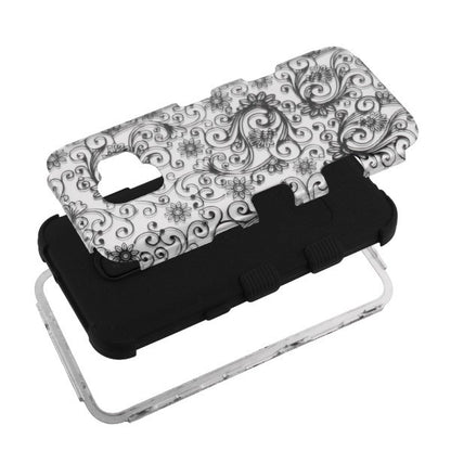 For Samsung Galaxy J2 /J2 Core/J2 Dash/J2 Pure Hybrid Three Layer Hard PC Shockproof Heavy Duty TPU Rubber Anti-Drop Black Lace Flowers Phone Case Cover