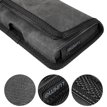 For Samsung Galaxy A02S Universal Horizontal Cell Phone Case Fabric Holster Carrying Pouch with Belt Clip and 2 Card Slots fit Large Devices 6.3" [Black Denim]