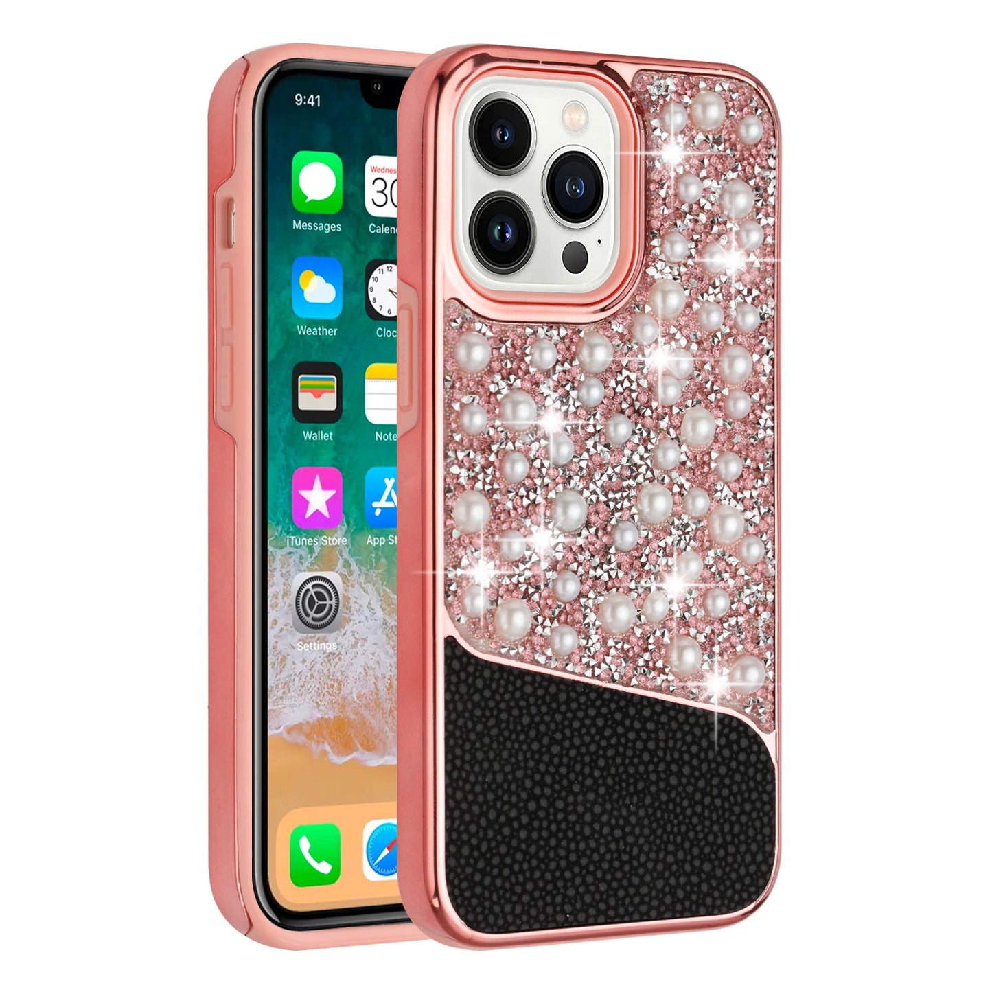 For Apple iPhone 14 Pro Max (6.7") Bling Pearl Diamonds Design Glitter Hybrid Thick Hard TPU Shiny Protective Frame  Phone Case Cover