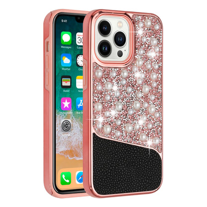 For Apple iPhone 14 Pro Max (6.7") Bling Pearl Diamonds Design Glitter Hybrid Thick Hard TPU Shiny Protective Frame  Phone Case Cover
