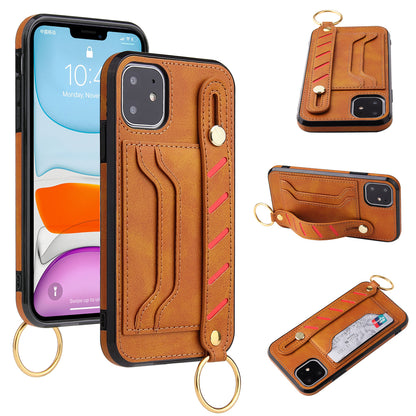 For Apple iPhone 14 /Plus Pro Max Vegan Leather Multi-Functional Credit Cards Slot with Wrist Strap Stand Pocket  Phone Case Cover