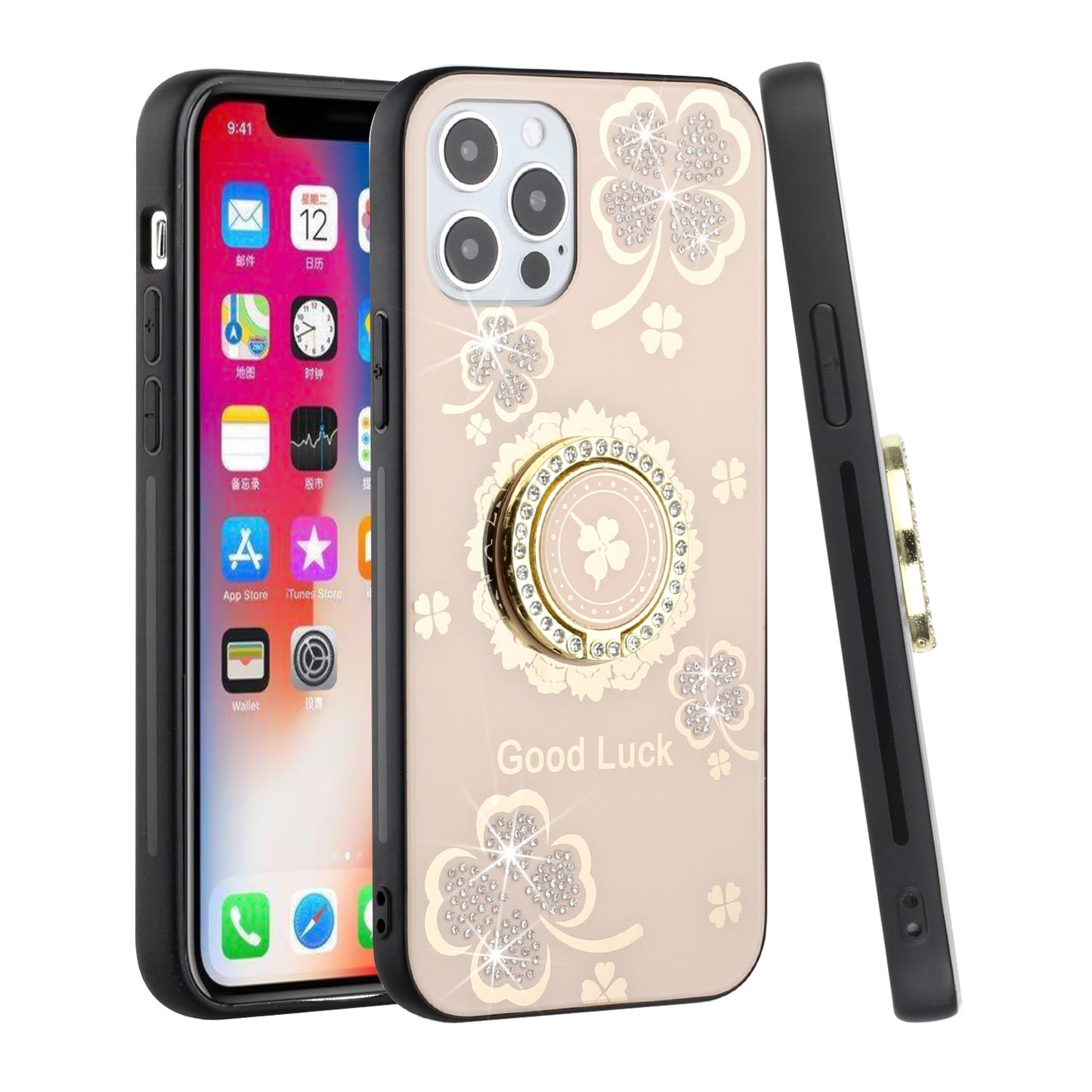 For Apple iPhone 8 Plus/7 Plus/6 6S Plus Fashion 3D Diamond Bling Sparkly Ornaments Engraving Hybrid Ring Stand  Phone Case Cover