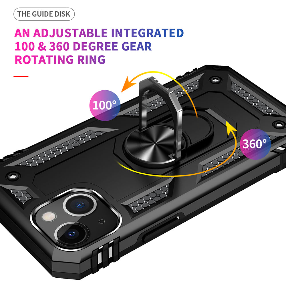 For Apple iPhone 13 /Mini Pro Max Military Grade Heavy Duty Armor Protection Hybrid with Rotating Metal Ring Kickstand Finger Loop Stand  Phone Case Cover