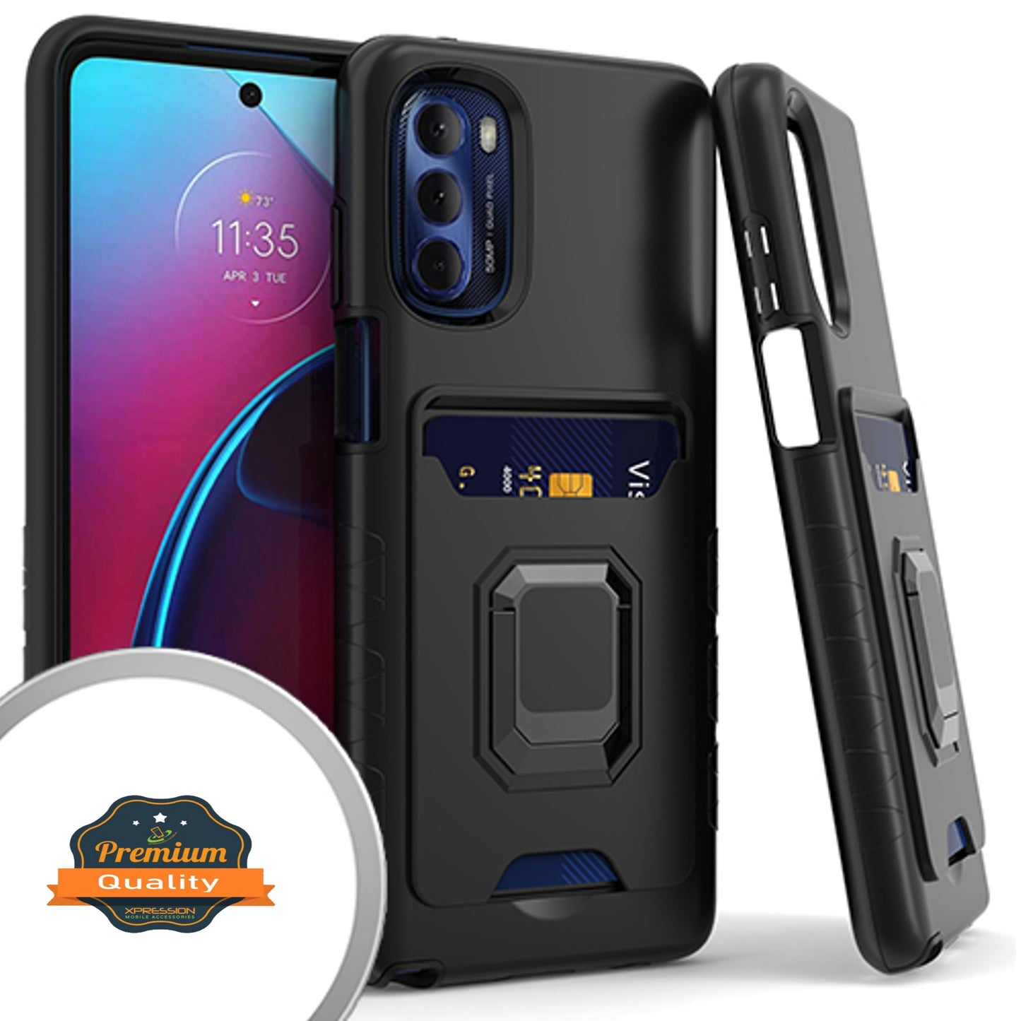 For Motorola Moto G Stylus 5G 2022 Wallet Credit Card ID Holder with Ring Kickstand Shockproof Hybrid Dual Layer Stand  Phone Case Cover