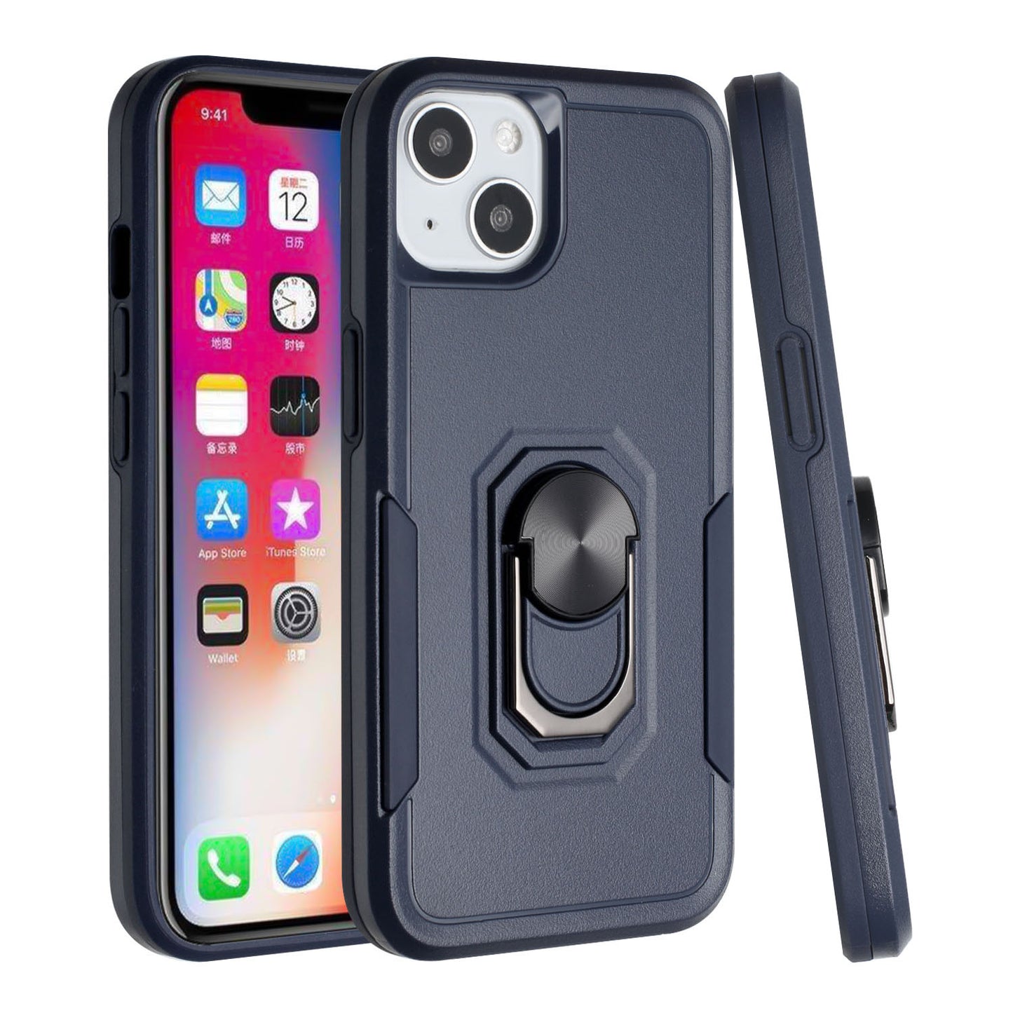 For Apple iPhone 14 Pro (6.1") Hybrid Rugged Hard Drop-Proof 3 Layer Protection Military Grade Armor Metal Ring Stand Blue Phone Case Cover