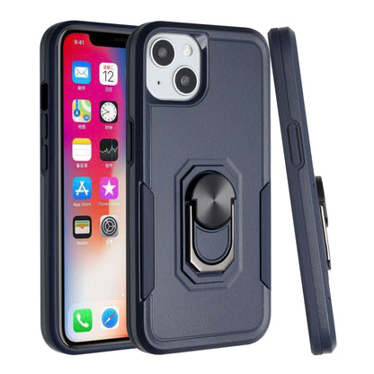 For Apple iPhone 14 Pro (6.1") Hybrid Rugged Hard Drop-Proof 3 Layer Protection Military Grade Armor Metal Ring Stand Blue Phone Case Cover