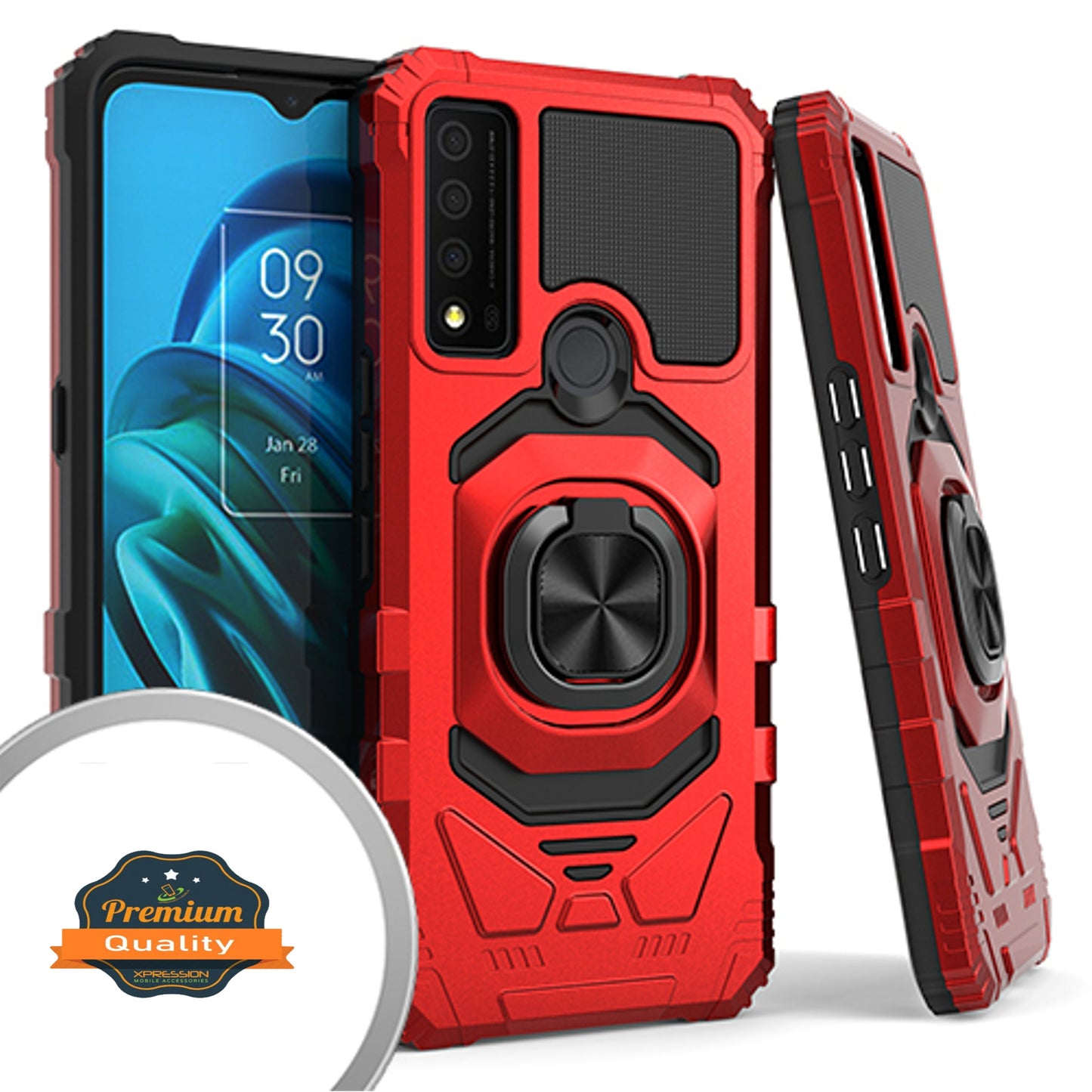 For AT&T Maestro 3 Armor Hybrid Stand Ring Hard TPU Rugged Full-Body [Military-Grade] Magnetic Car Ring Holder Red Phone Case Cover