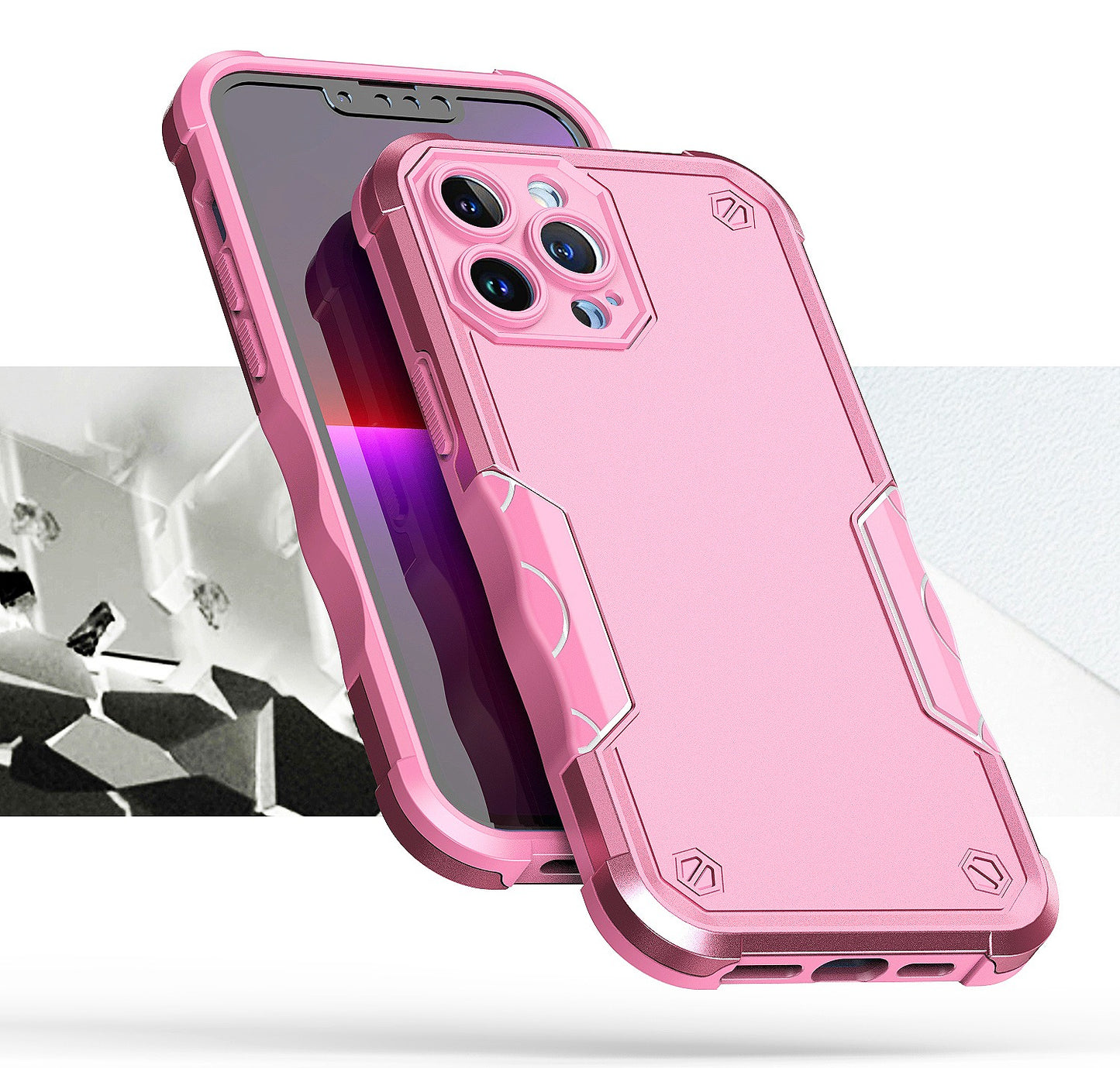 For Apple iPhone 14 Pro (6.1") Tough Shockproof Hybrid Heavy Duty Dual Layer TPU Bumper Rugged Rubber Defend Armor Pink Phone Case Cover